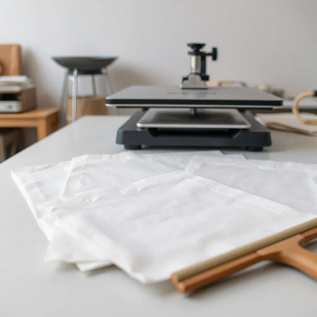 Crisp DTF transfer sheets on a workbench with a squeegee and a heat press in the background