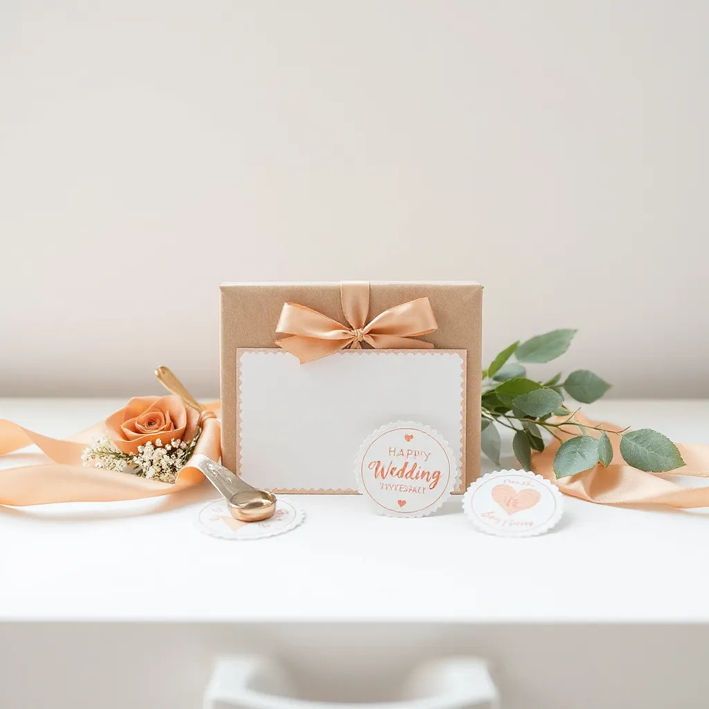 Elegant wedding anniversary stickers on a tabletop beside a greeting card and wrapped gift with ribbon