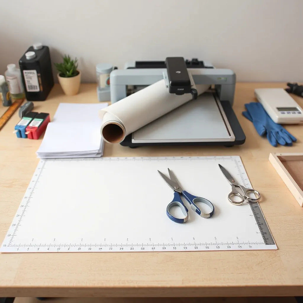 Organized print workspace with cutting mat, vinyl roll, heat transfer materials, tools, and ink cartridges
