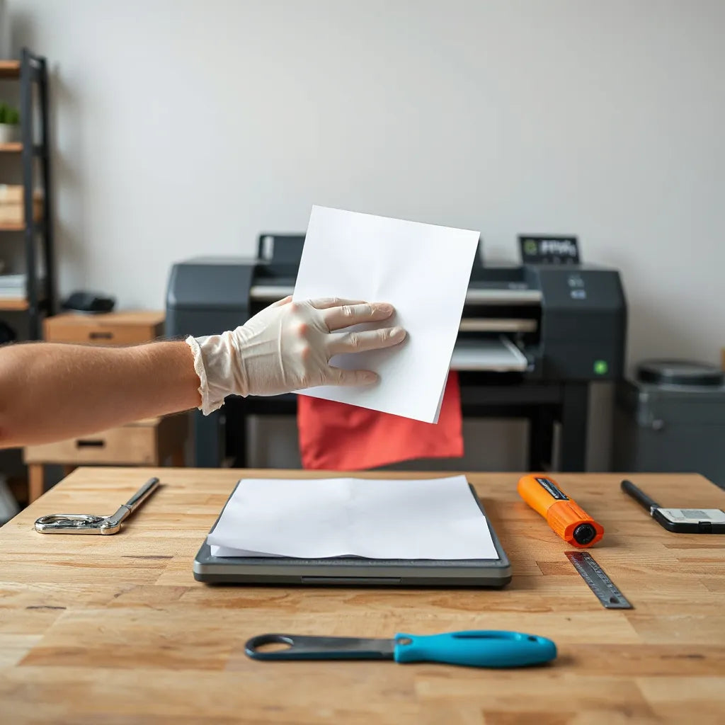 Gloved technician handling a DTF transfer sheet in a small print shop with printer and curing station nearby