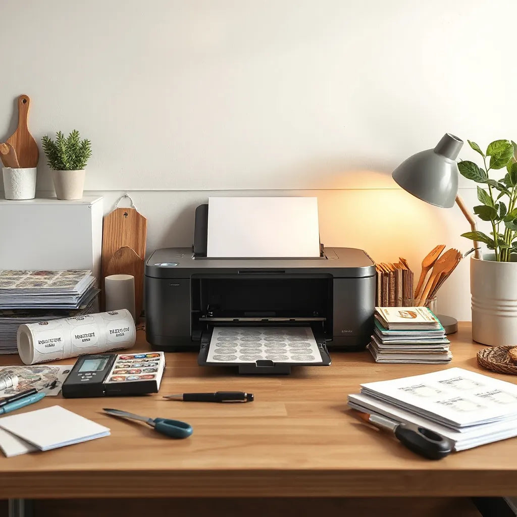 Compact printer and neatly arranged label and sticker printing supplies on a clean workbench