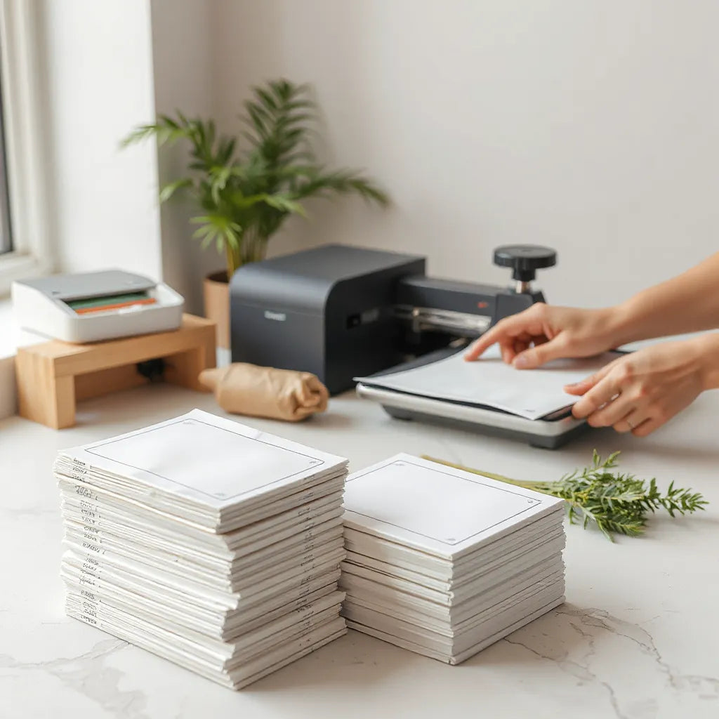 Stacked DTF transfer sheets beside a heat press, with hands preparing a bulk order