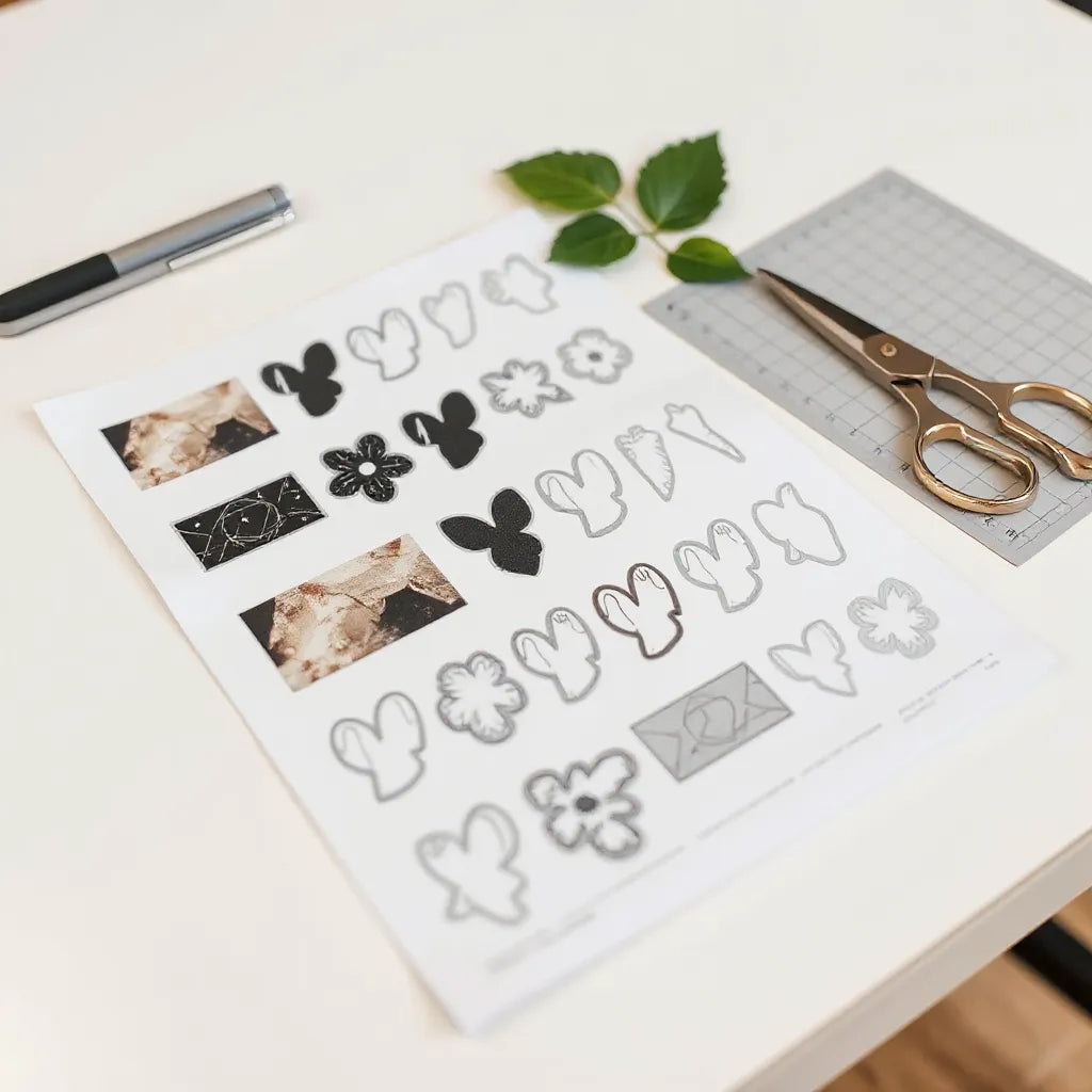 Printed gang sheet of multiple die-cut stickers laid out on a worktable with cutting tools