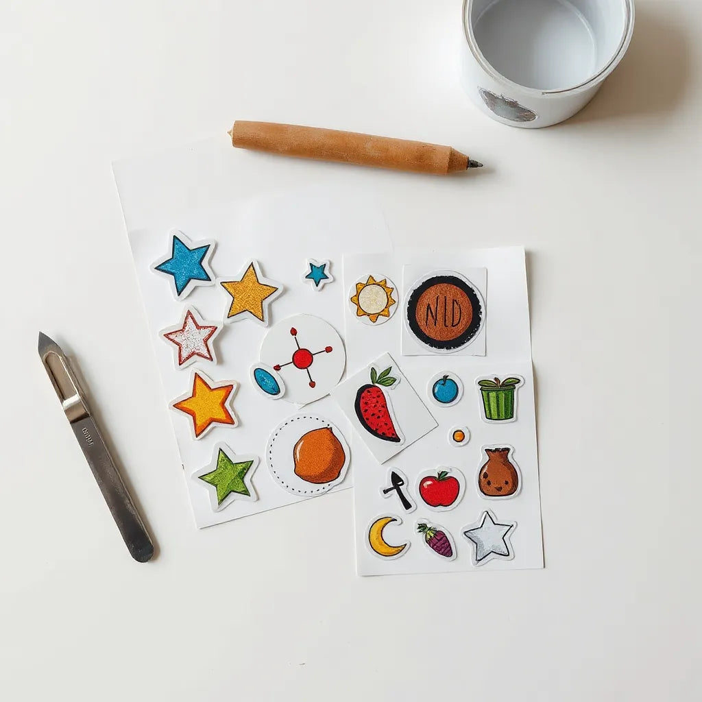Colorful set of uniquely shaped stickers arranged neatly on a workbench with vinyl material and tools