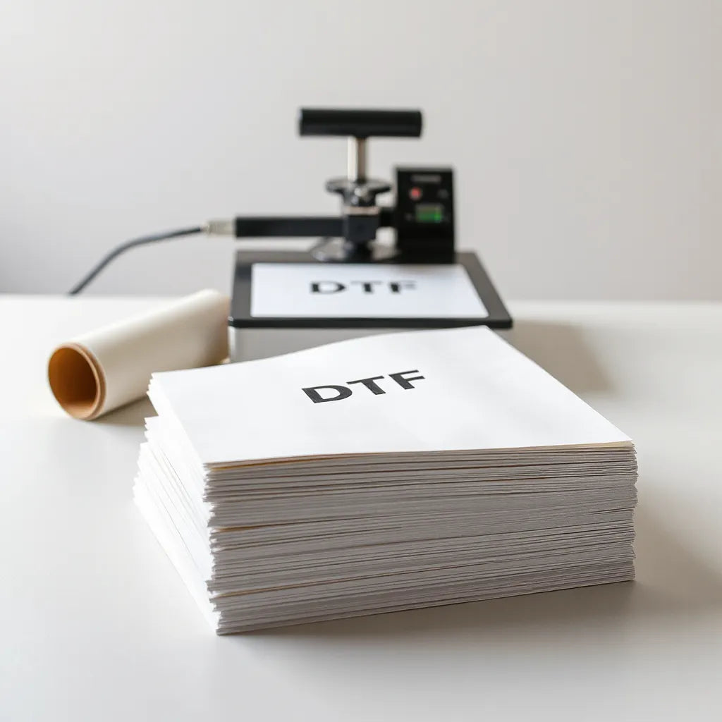 Stack of wholesale DTF transfer sheets beside a heat press on a clean worktable
