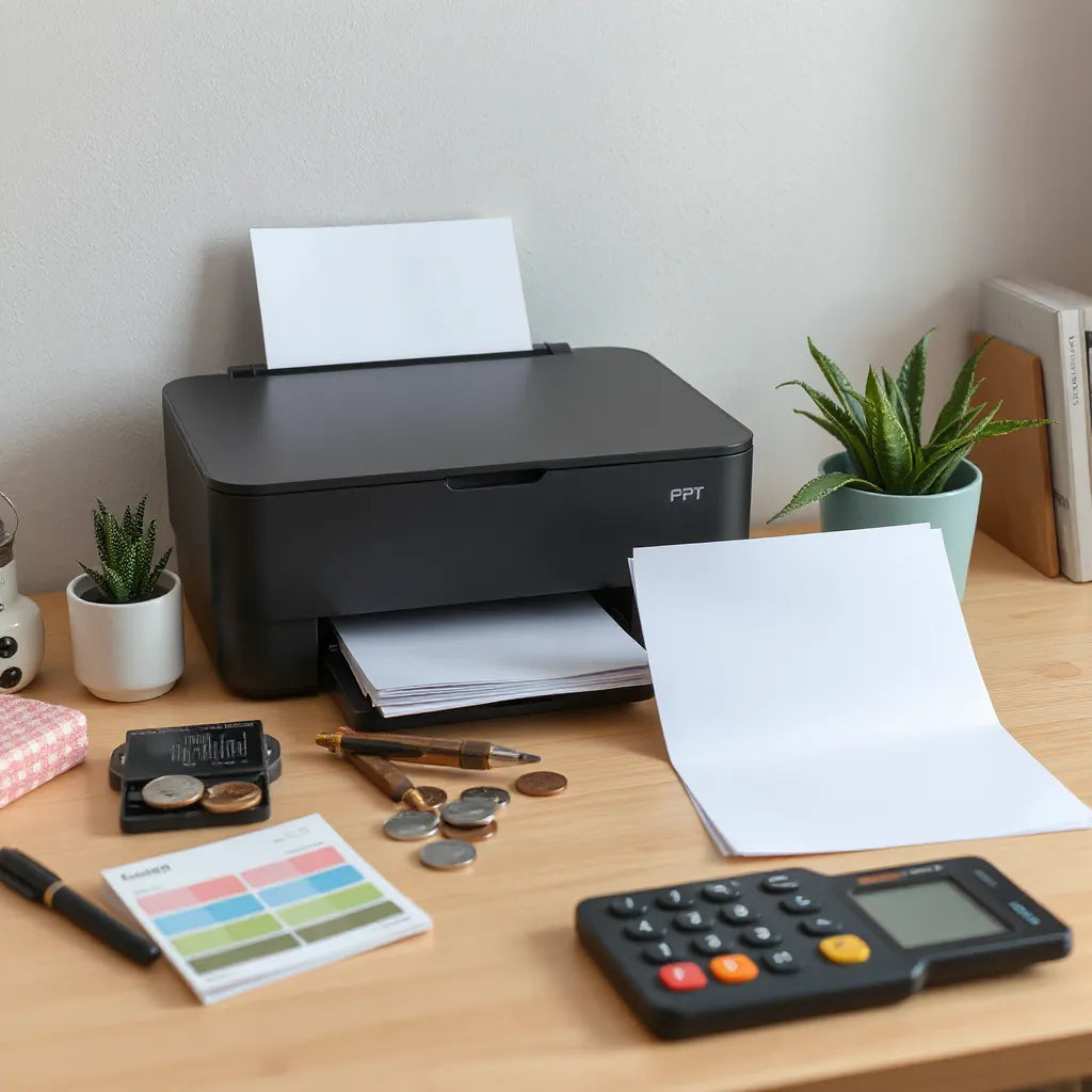 Small print shop desk with a printer, blank print materials, and cost-saving items like coins and a calculator
