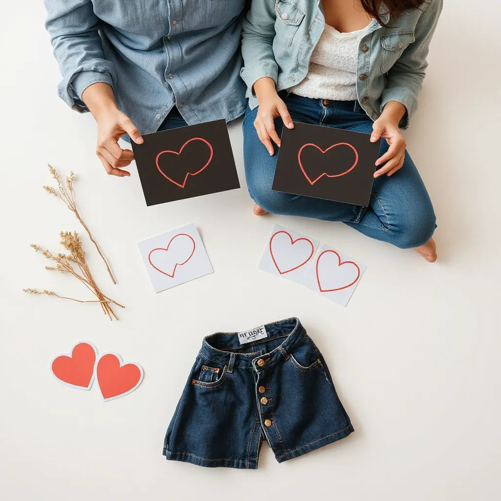 Couple matching heart-themed DTF sticker sheets and finished stickers on fabric swatches