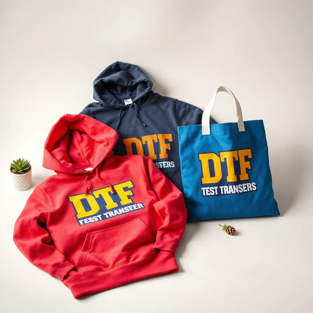 Bright DTF transfer designs on apparel in a clean studio setup, with a transfer sheet partially visible