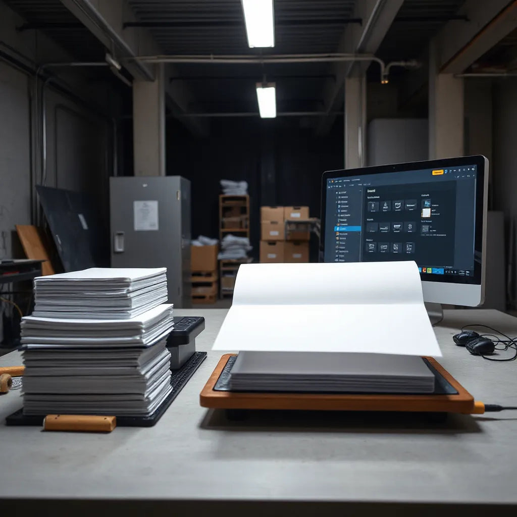Heat press setup in a print shop with DTF transfer sheets and a designer preparing artwork