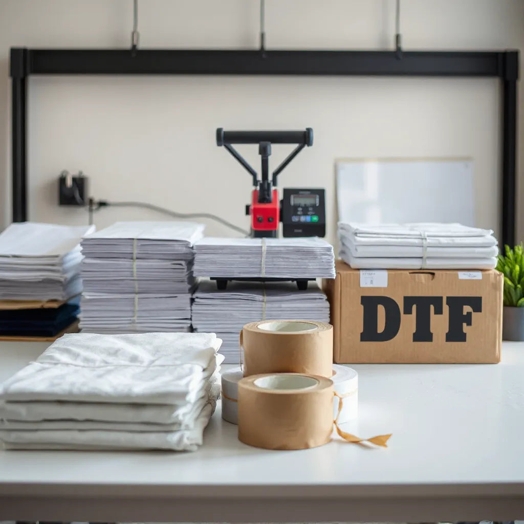 Stacked DTF transfer sheets beside a heat press and packaging materials in a clean workspace