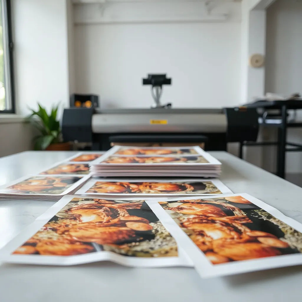 Neatly arranged DTF transfer sheets and a heat press in a clean studio workspace