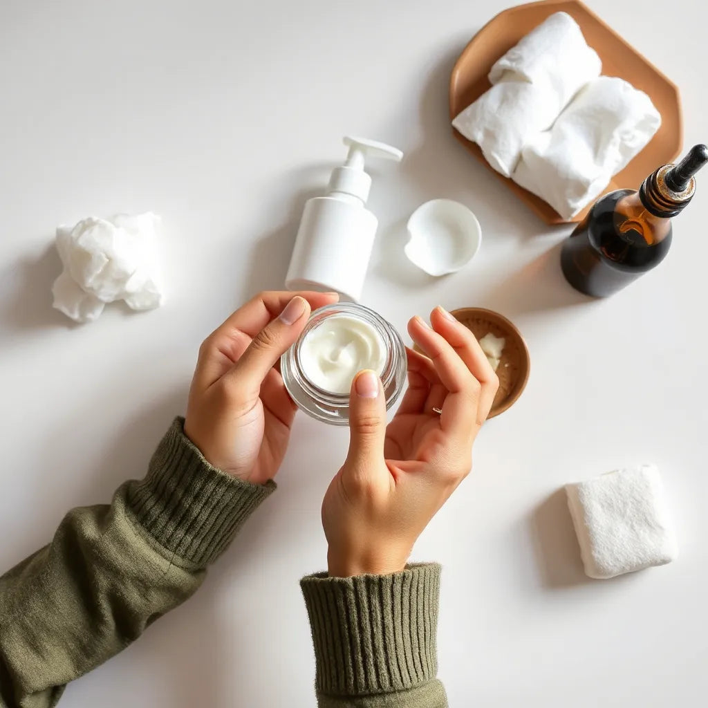 Hands applying fragrance-free moisturizer with gentle skincare products on a clean countertop