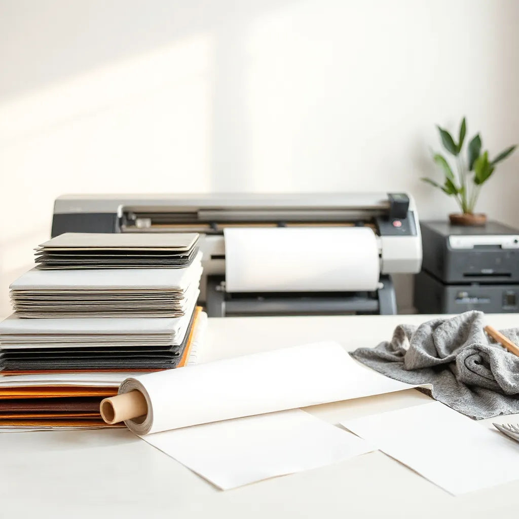 Stacked DTF transfer sheets and rolls beside a heat press in a clean workspace