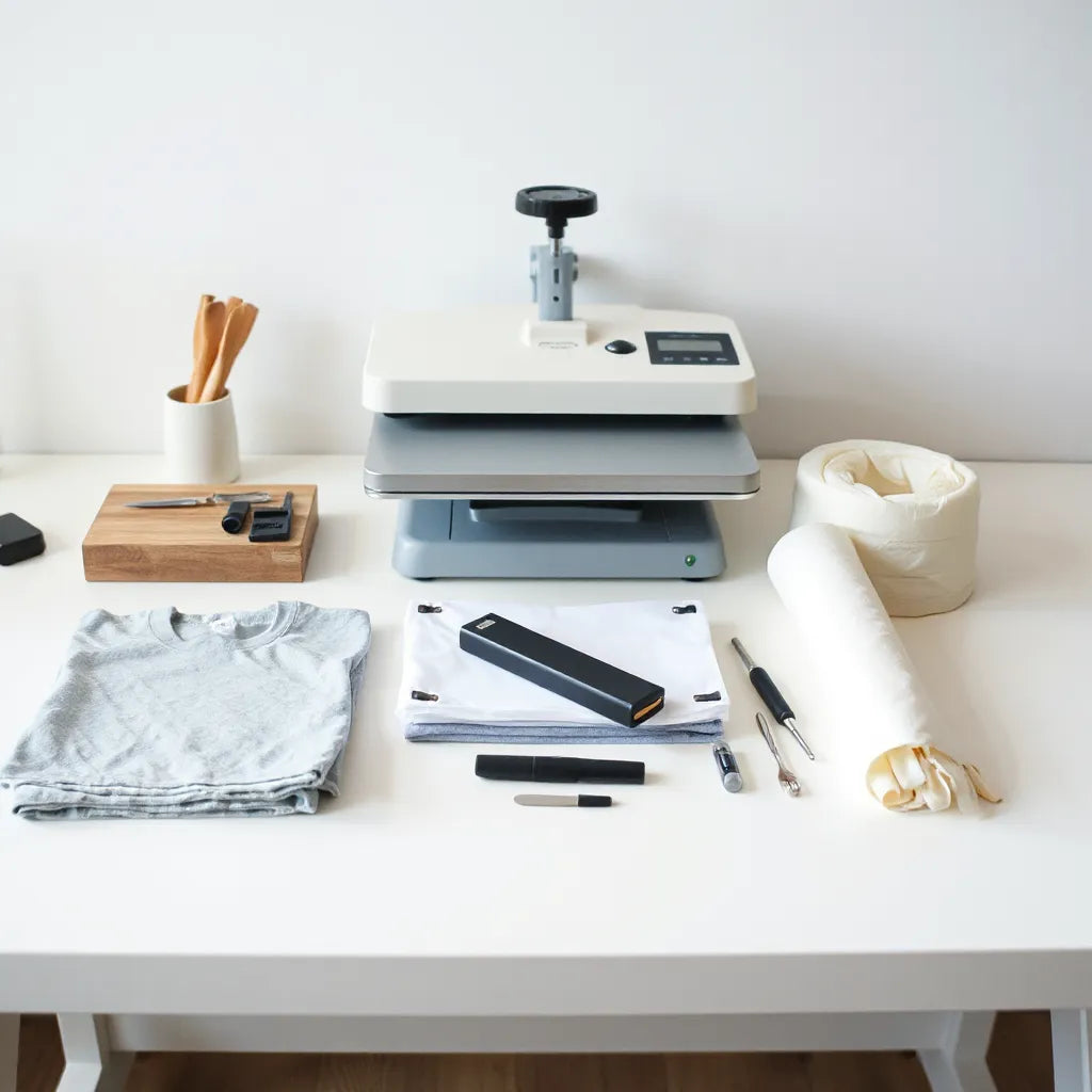 Heat press setup with neatly arranged screen-printing tools, inks, and transfer materials on a clean workbench
