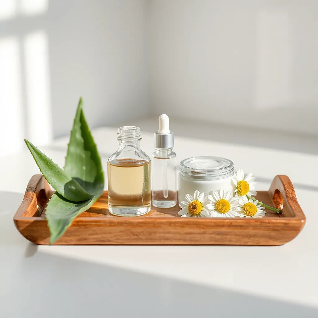 Natural skincare products on a wooden tray with aloe leaves and chamomile flowers
