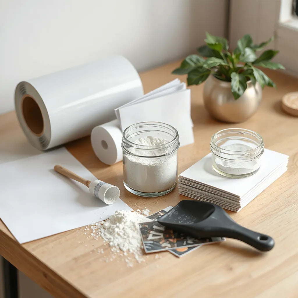 Neatly arranged DTF transfer materials on a clean workbench, including film and adhesive powder.