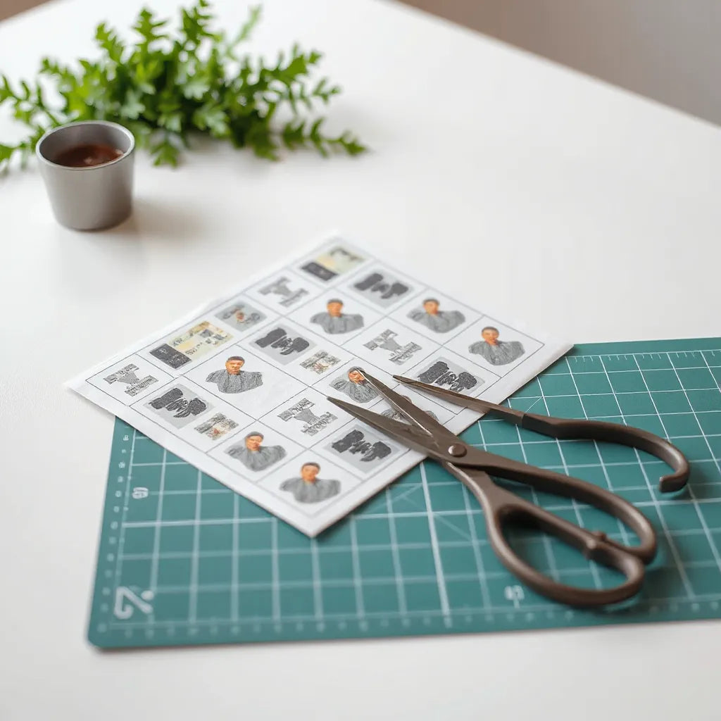 Multiple sticker designs laid out together on a gang sheet with a cutting mat and scissors