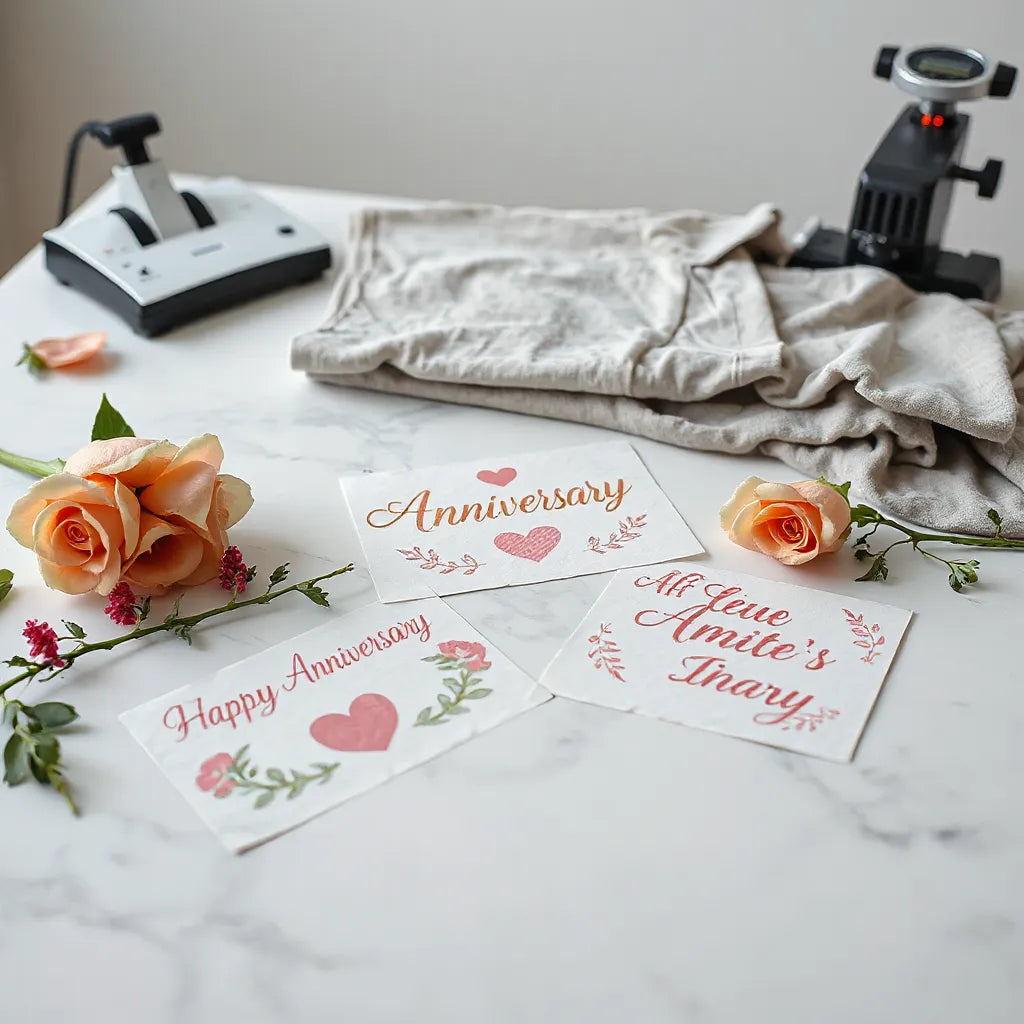 Anniversary themed DTF transfer sheets laid out beside a heat press and fabric garment