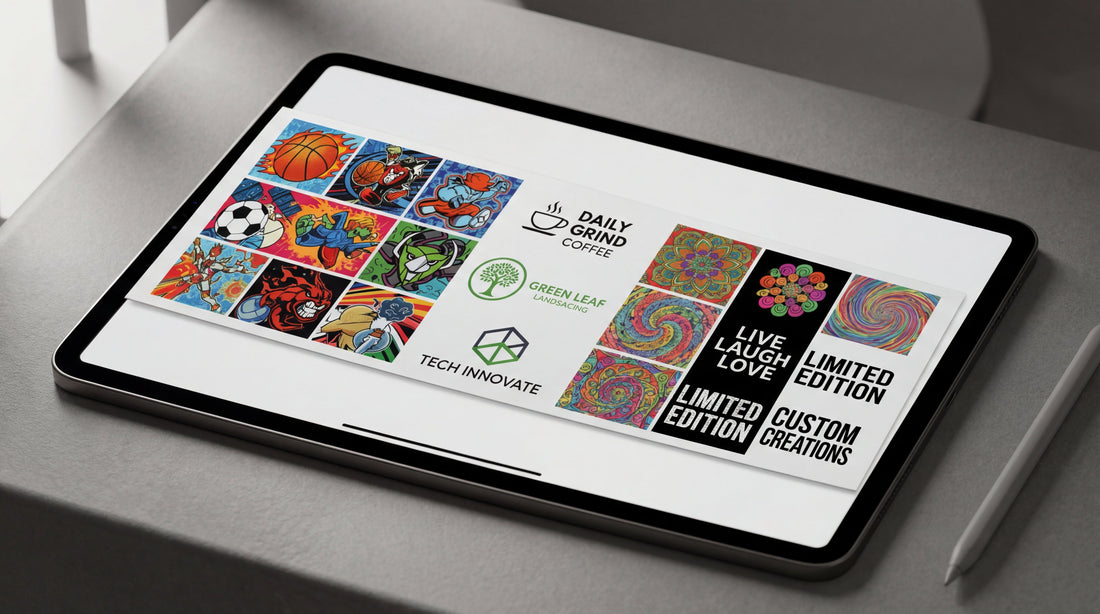 Print shop owner reviewing logo layout on tablet