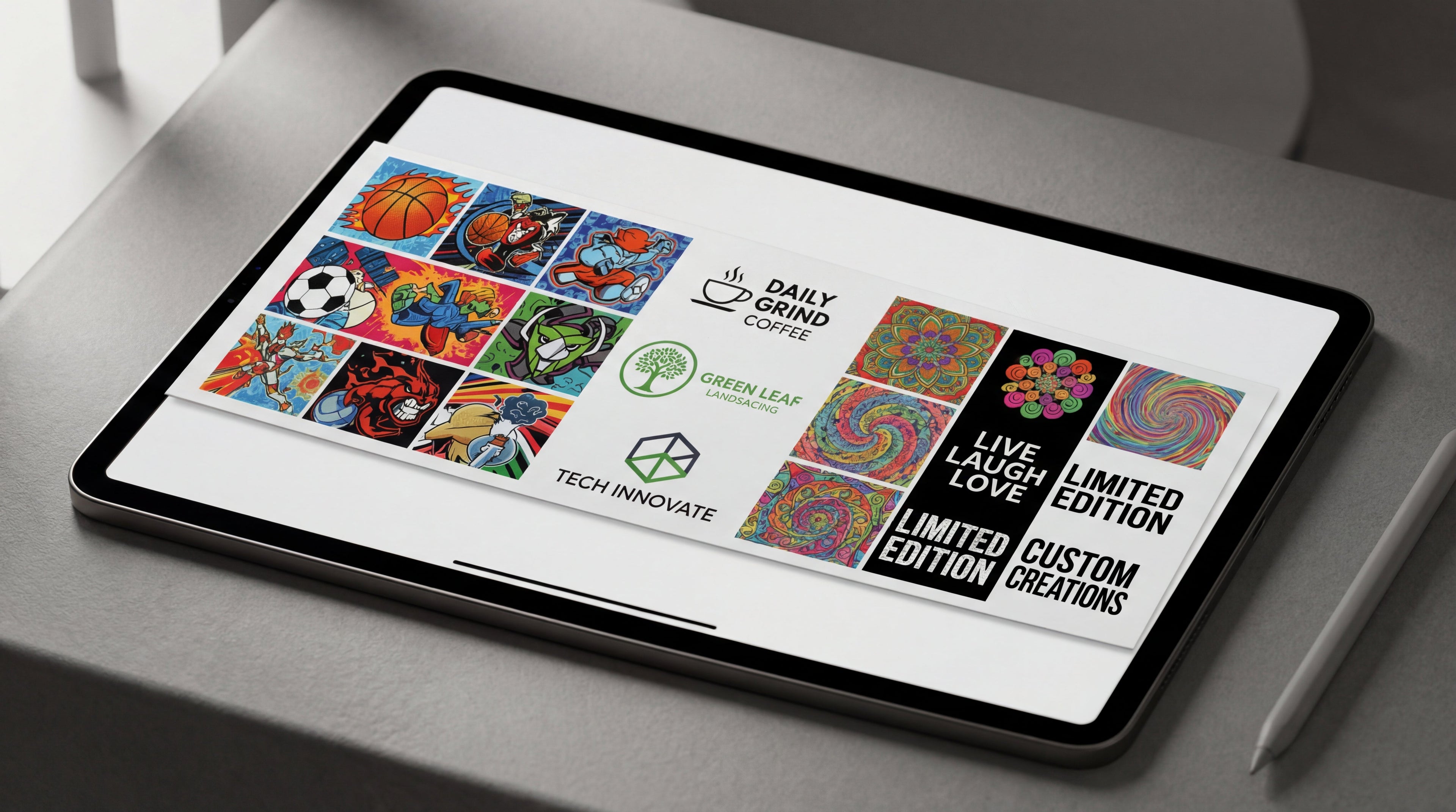 Print shop owner reviewing logo layout on tablet