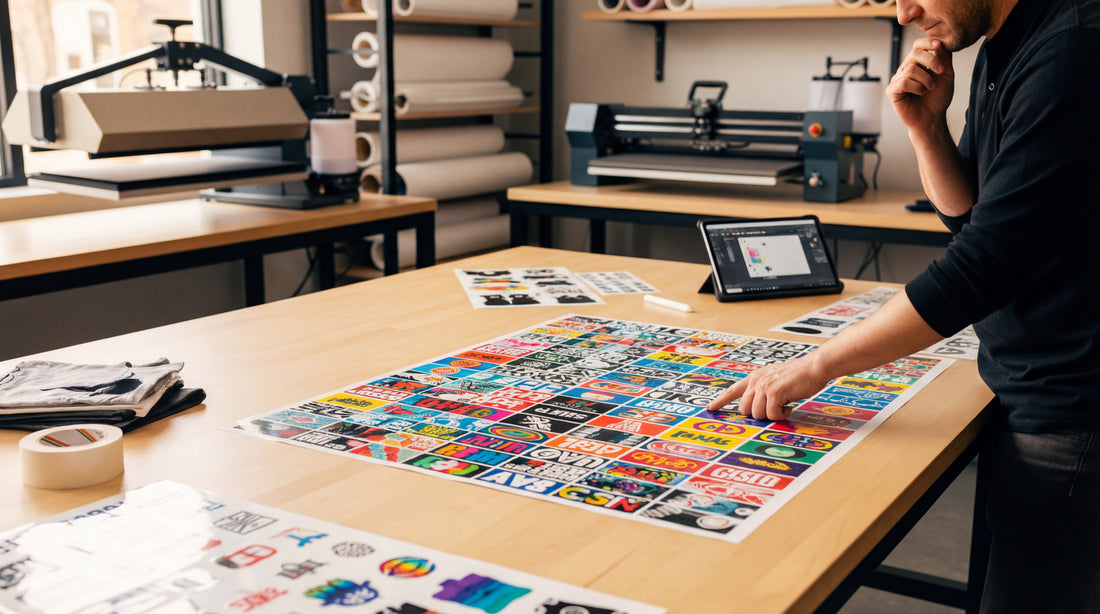 Print shop owner reviewing design files for DTF gang sheets