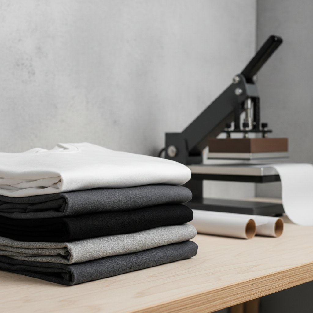 Stack of folded blank t-shirts in white, black, and gray on a worktable with a heat press machine in the background
