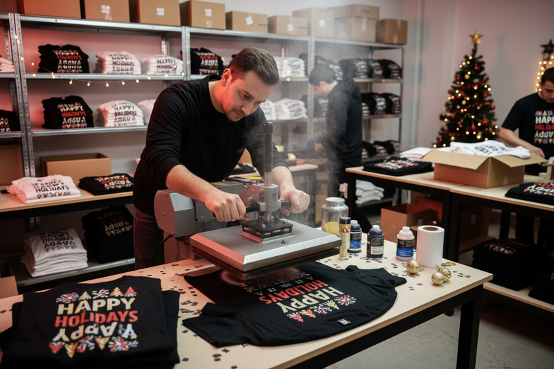 Man printing Happy Holidays dtf transfers with a heat press in a t-shirt shop