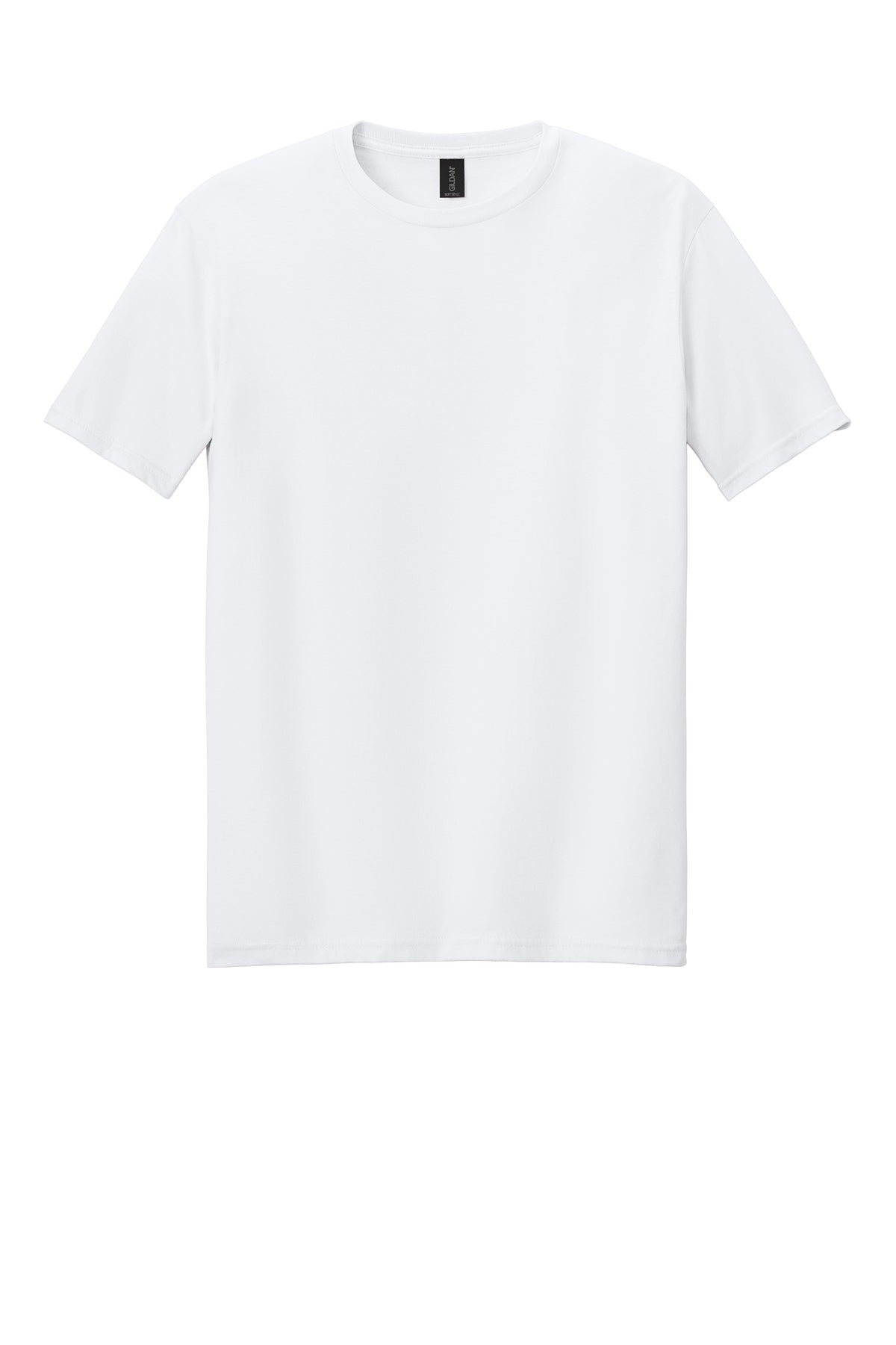 Front view of a clean, white Gildan Softstyle blank t-shirt displayed on a plain background, optimized for DTF transfer applications.