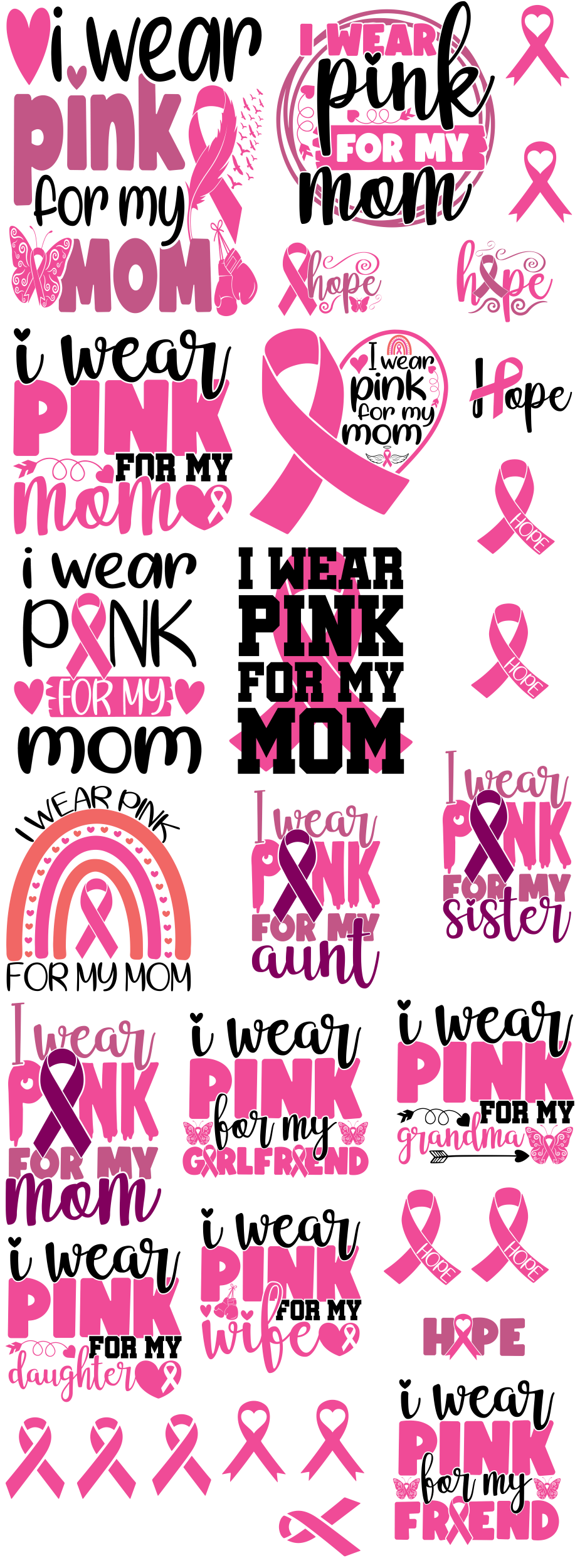Cancer “I Wear Pink For…” Bundle — Pre‑Made DTF Gang Sheet (22" × 60")