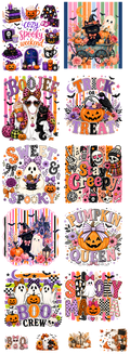A collage of multiple Halloween-themed digital design previews featuring pumpkins, ghosts, witches, bats, stripes, and playful text such as 'Spooky Hour,' 'Stay Crazy,' 'Pumpkin Queen,' 'BOO TROOP,' and 'Spooky Happy.'.