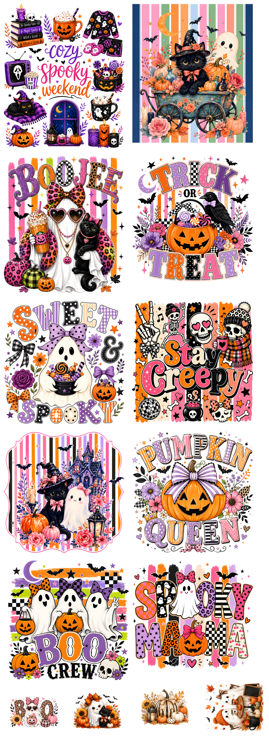 A collage of multiple Halloween-themed digital design previews featuring pumpkins, ghosts, witches, bats, stripes, and playful text such as 'Spooky Hour,' 'Stay Crazy,' 'Pumpkin Queen,' 'BOO TROOP,' and 'Spooky Happy.'.