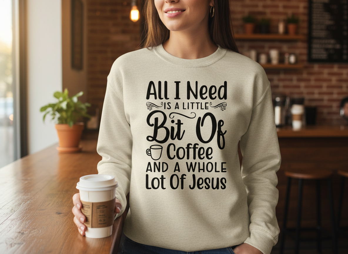 A woman in a cozy cafe setting wearing a cream-colored crewneck sweatshirt with a black graphic text print that reads 'All I Need IS A LITTLE Bit Of Coffee AND A WHOLE Lot Of Jesus'. She is holding a white coffee cup.