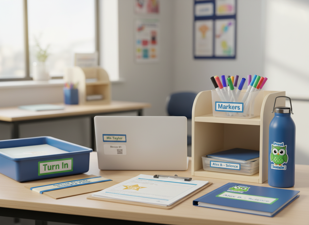 A styled classroom desk setup featuring personalized stationery items including a blue water bottle with an owl graphic, a wooden marker organizer, a tray labeled 'Turn In', and various notebooks and clipboards in a softly blurred school room background.