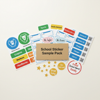 A school sticker sample pack arranged on a light beige background, featuring colorful labels, circular name stickers, QR code stickers, star stickers, and a central kraft paper card reading 'School Sticker Sample Pack.'.