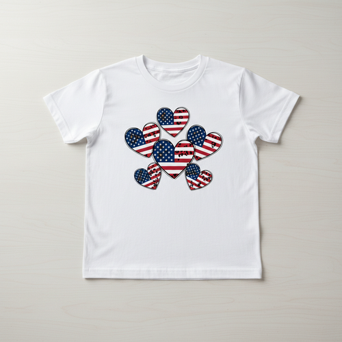 American Flag Hearts with Leopard Print DTF transfer applied to a white t-shirt