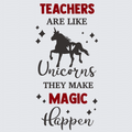 A typographic graphic on a light gray background reading “TEACHERS ARE LIKE Unicorns THEY MAKE MAGIC Happen,” with a black unicorn silhouette and red and black text.