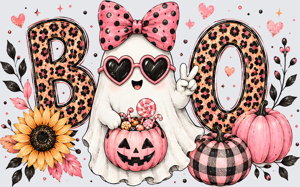 Cute Ghost BOO Halloween Leopard Print Pink Pumpkin Design