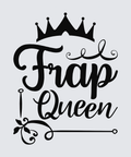 Black decorative typography reading 'Frap Queen' with a crown above and ornamental flourishes, shown on a light gray background.