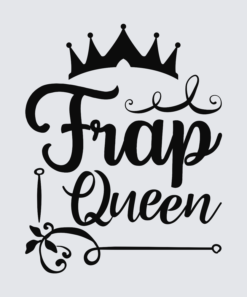 Black decorative typography reading 'Frap Queen' with a crown above and ornamental flourishes, shown on a light gray background.