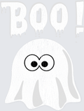 A white ghost-shaped sticker or decal with large cartoon eyes, shown on a light gray background with the word "BOO!" in dripping white letters above it.