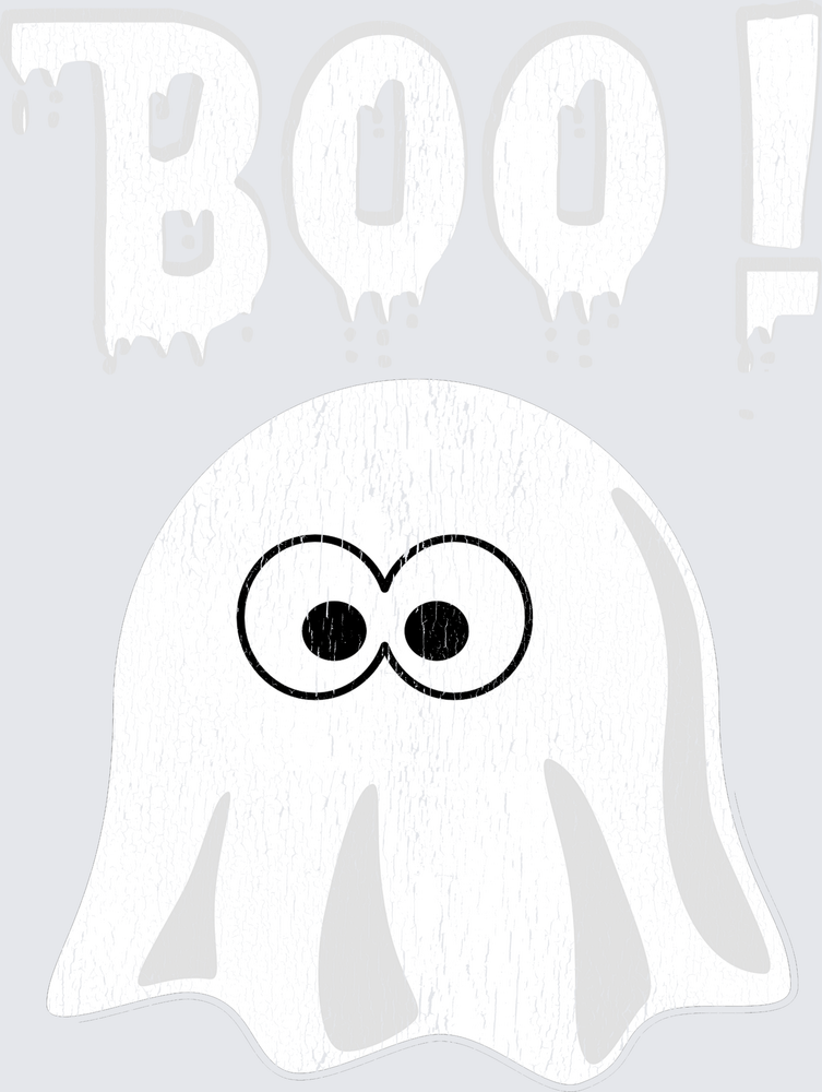 A white ghost-shaped sticker or decal with large cartoon eyes, shown on a light gray background with the word "BOO!" in dripping white letters above it.
