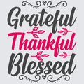 Grateful, Thankful, and Blessed typographic design on a light gray background, with dark gray lettering and bright pink 'Thankful' text accented by small leaf motifs.