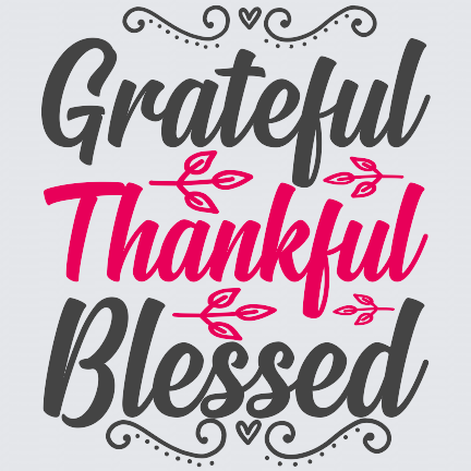 Grateful, Thankful, and Blessed typographic design on a light gray background, with dark gray lettering and bright pink 'Thankful' text accented by small leaf motifs.