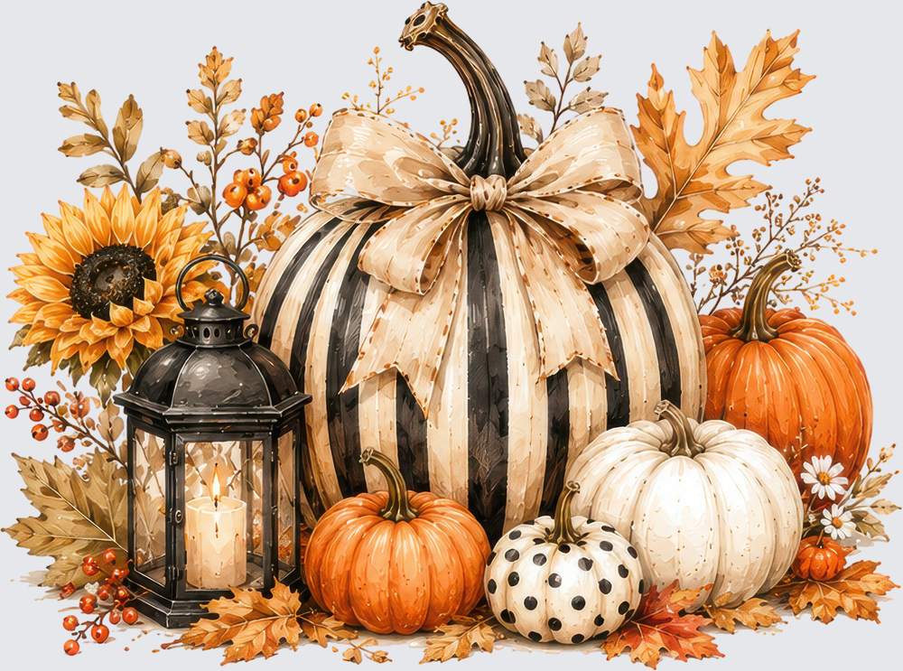 Autumn Pumpkin Arrangement with Lantern and Fall Botanicals