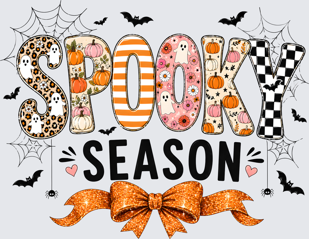 Spooky Season Halloween Patchwork Letters Orange Glitter Bow
