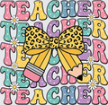 Retro Teacher Stacked Text Leopard Bow Pencil Daisy Design