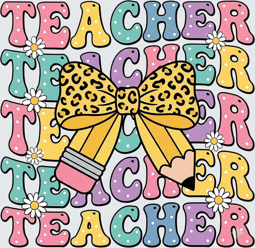 Retro Teacher Stacked Text Leopard Bow Pencil Daisy Design