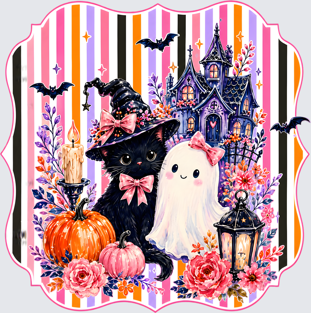 Cute Black Witch Cat Ghost Pink Bow Halloween Haunted House