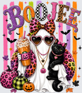 A colorful Halloween-themed graphic design featuring the word 'BOOJEE' in glittery letters, a ghostly figure in a leopard-print bow and sunglasses holding a pumpkin-sleeved iced drink, a black cat with a pink bow and heart collar, pumpkins, bats, stars, and striped background.