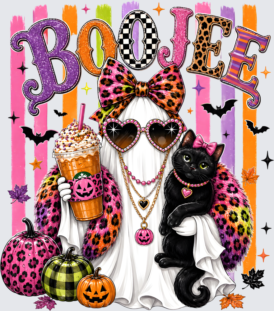 A colorful Halloween-themed graphic design featuring the word 'BOOJEE' in glittery letters, a ghostly figure in a leopard-print bow and sunglasses holding a pumpkin-sleeved iced drink, a black cat with a pink bow and heart collar, pumpkins, bats, stars, and striped background.